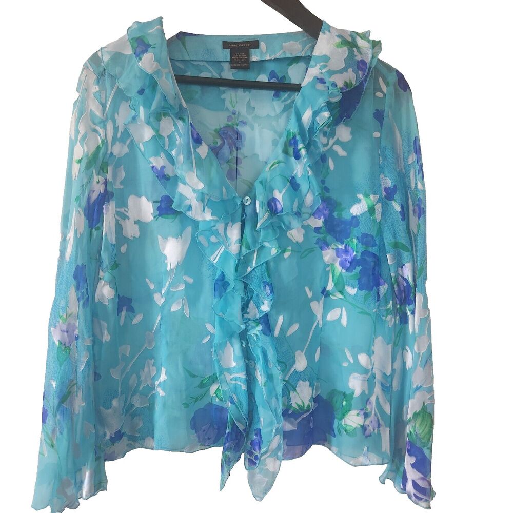 Anne Carson silk blend blue floral boho Peasant Sheer Top Blous Size Large